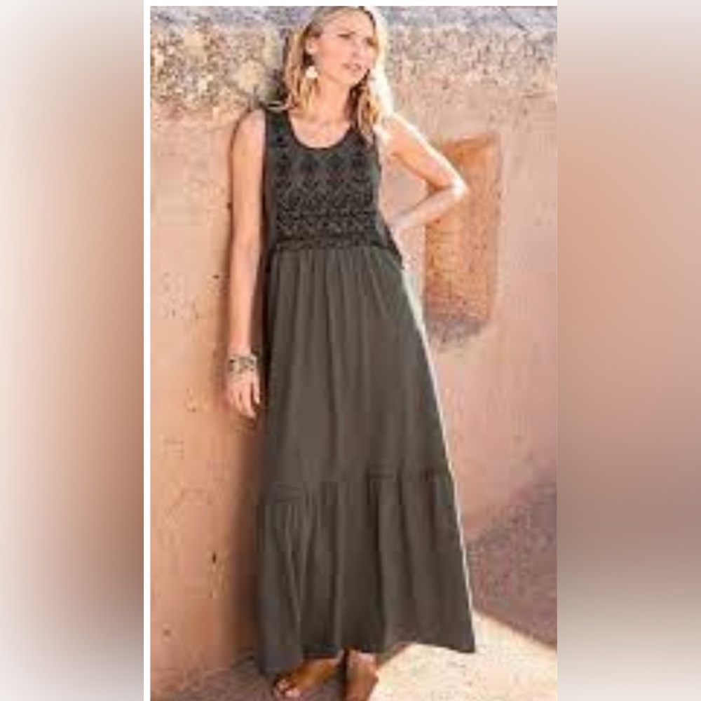 Garnet Hill Brown Taupe Organic Cotton Embroidered Dress Size Large